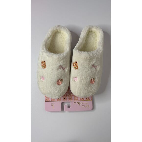 Luna Mellow Teddy Bear Embroidered Plush Slippers – Cream Fuzzy House Shoes Sz L - Picture 4 of 8
